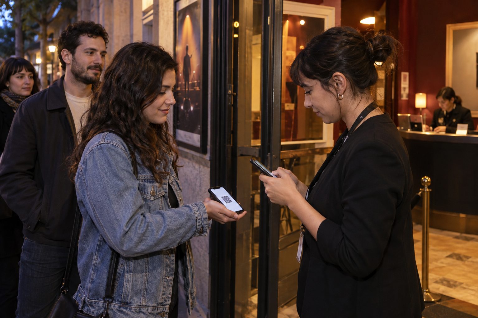 Validación de entradas en un recinto cultural Personal de un recinto comprueba una entrada digital en la puerta de acceso