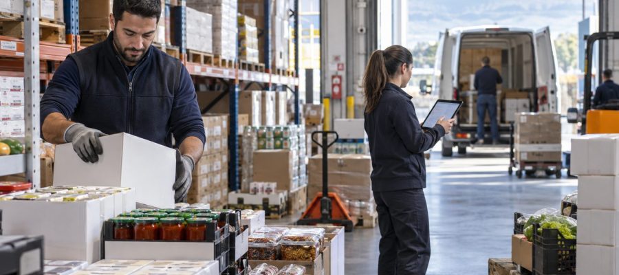 Trabajador prepara un pedido de alimentos mientras una compañera revisa el reparto junto a una furgoneta en el almacén
