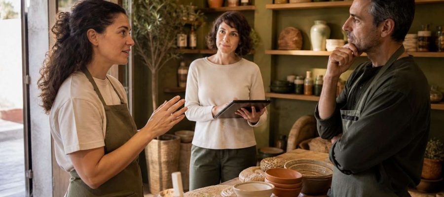 Un pequeño equipo de tienda practica una conversación de atención al cliente entre estanterías de cerámica.