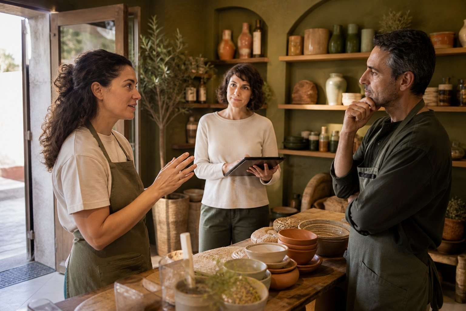 Cómo formar al equipo para ofrecer un excelente servicio al cliente — Imagen 1 Un pequeño equipo de tienda practica una conversación de atención al cliente entre estanterías de cerámica.