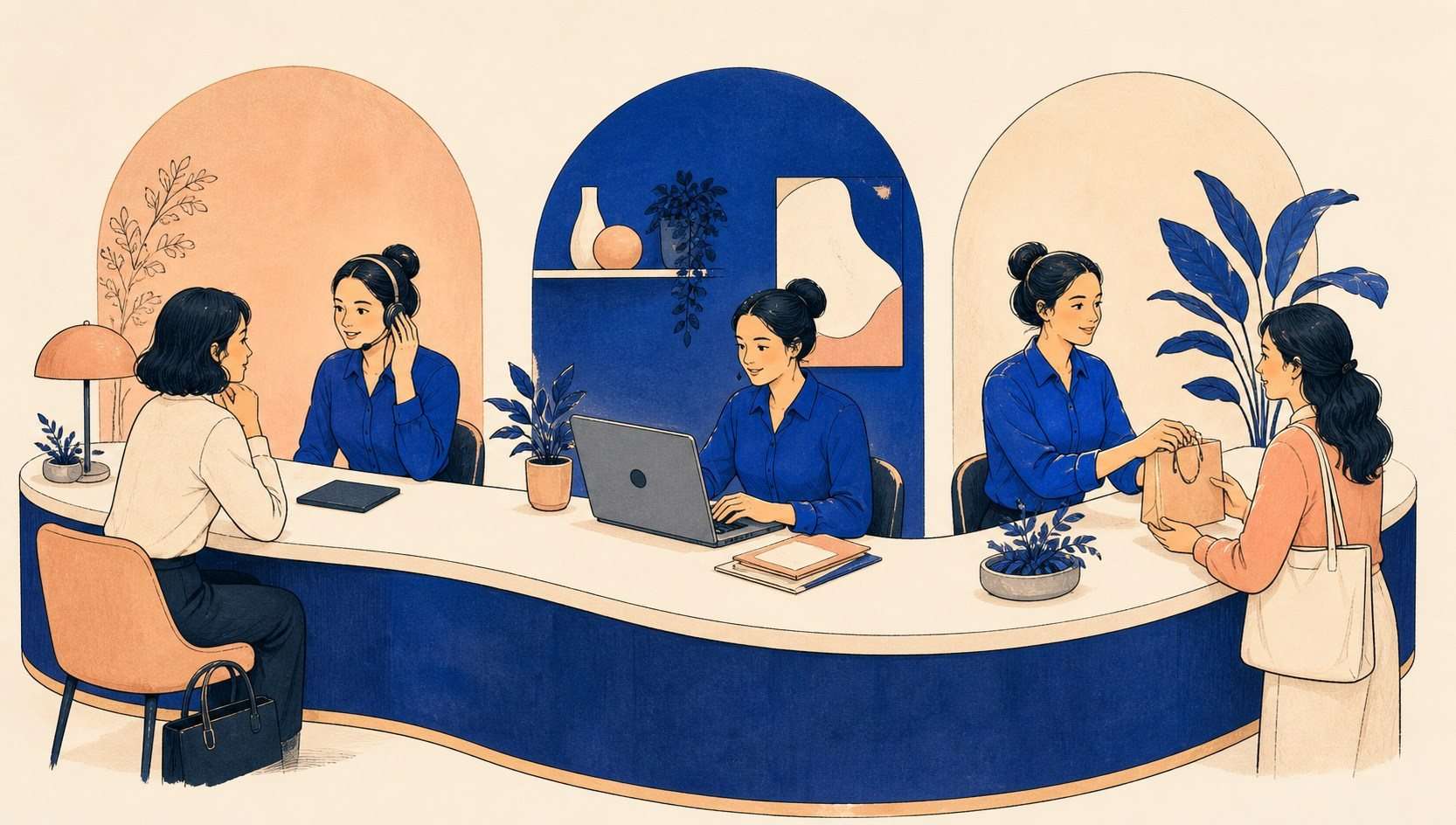 Ilustración de tres momentos conectados de atención, resolución y seguimiento de clientes.