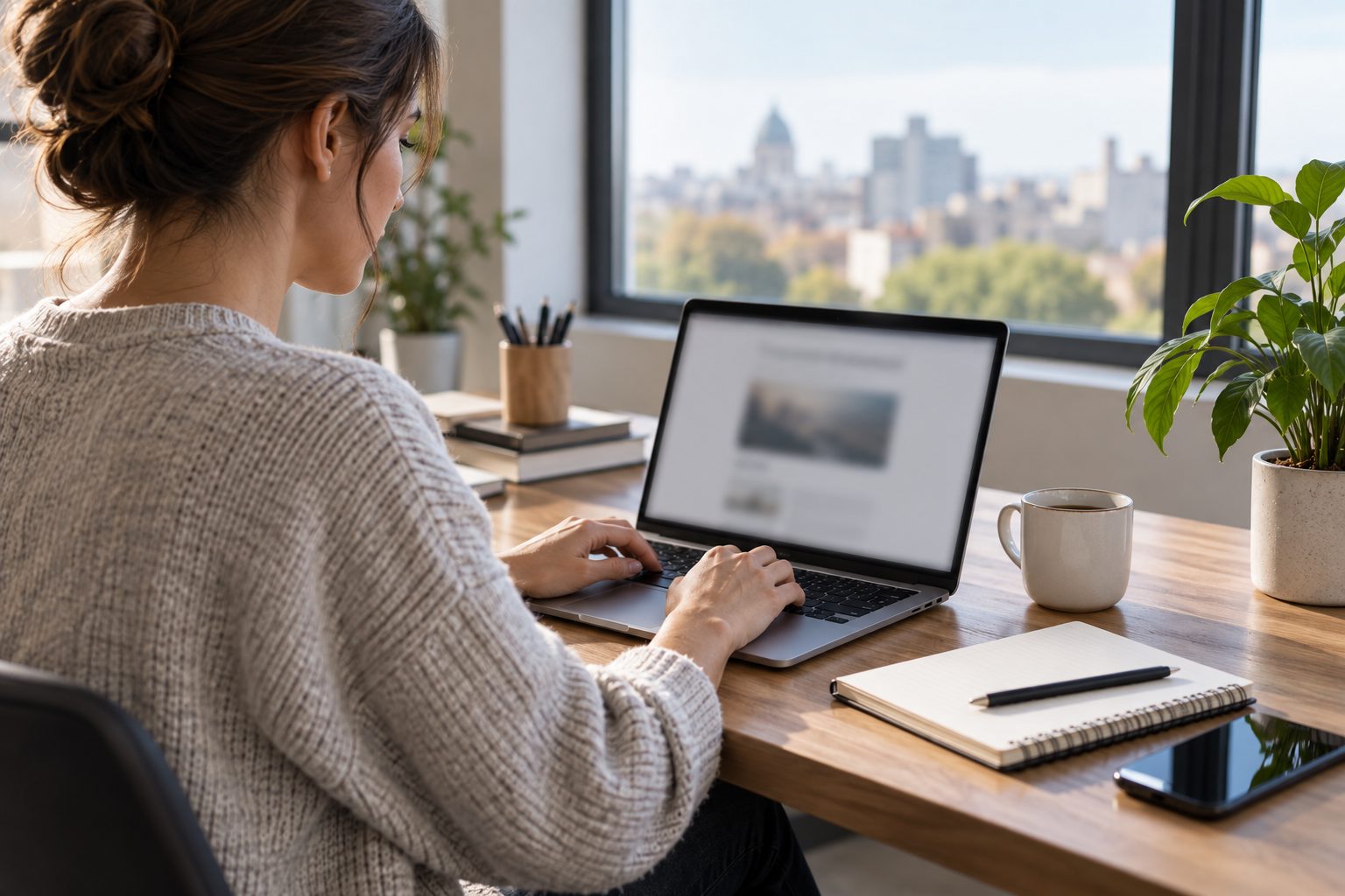Preparación de una newsletter en un escritorio Una profesional trabaja en un boletín digital desde un portátil junto a una ventana, con libreta y taza en la mesa.