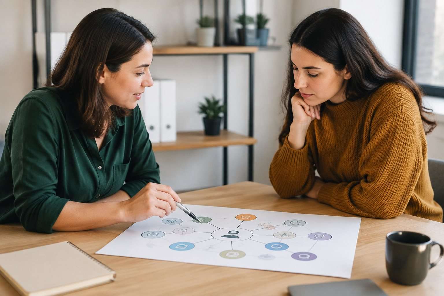 Compañeras revisando un mapa visual de habilidades