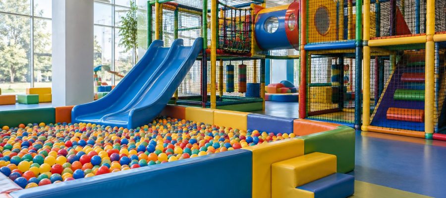 Parque infantil interior con piscina de bolas, toboganes y estructura acolchada protegida por redes.