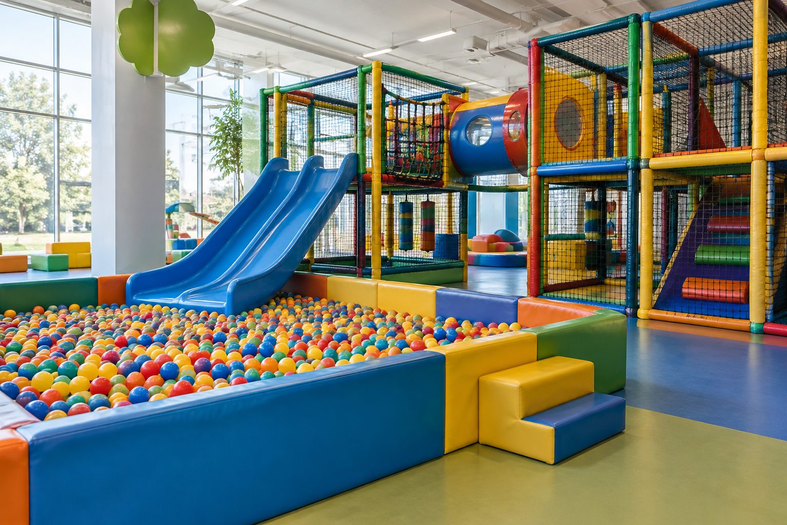Zona de juego de un parque de bolas interior Parque infantil interior con piscina de bolas, toboganes y estructura acolchada protegida por redes.