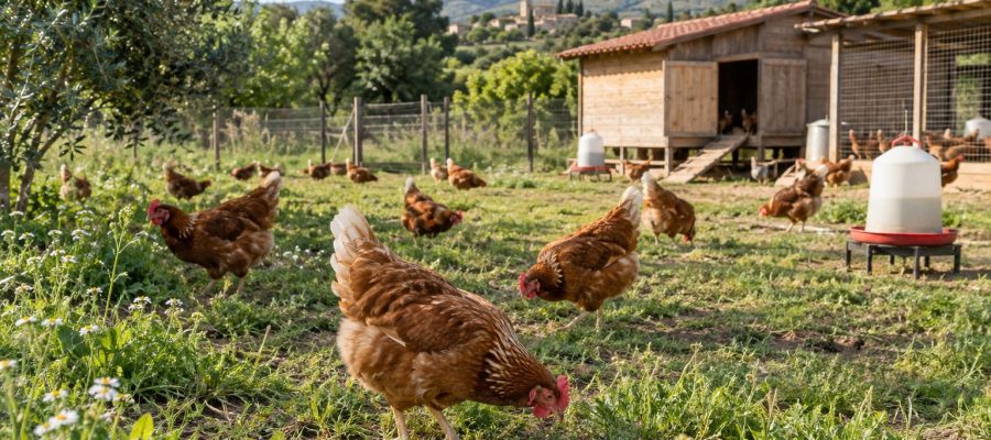 Gallinas marrones recorren un prado vallado junto a un gallinero rural y un bebedero.