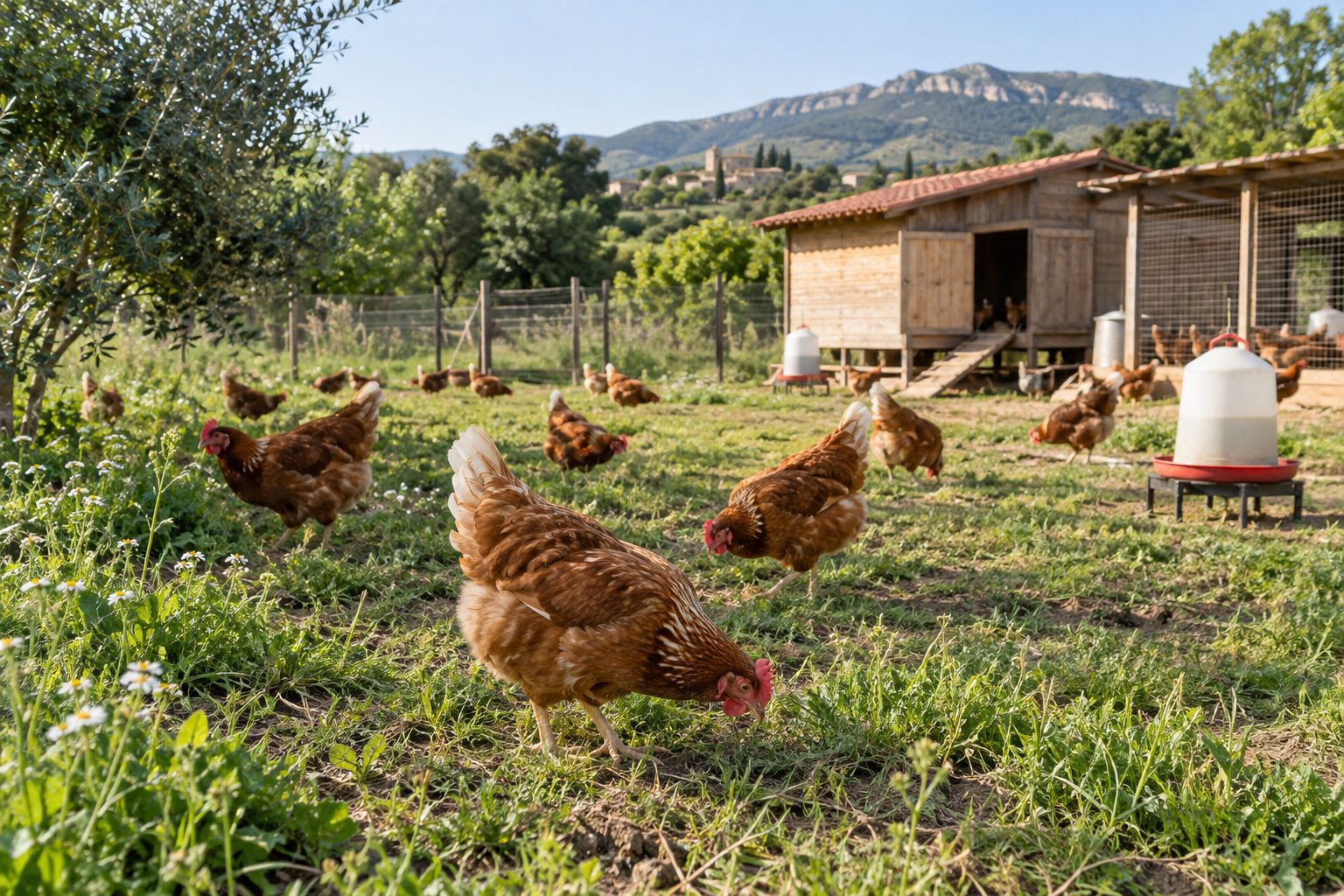Gallinas camperas en el exterior de una explotación Gallinas marrones recorren un prado vallado junto a un gallinero rural y un bebedero.