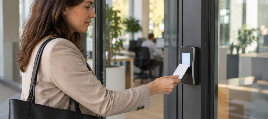 Una empleada acerca una tarjeta lisa a un terminal de registro horario situado en la entrada de una oficina.