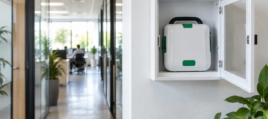 Un desfibrilador externo de carcasa blanca y verde permanece en un armario abierto en el pasillo de una oficina.