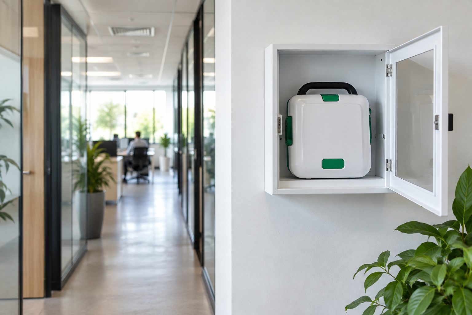 Desfibrilador externo disponible en una oficina Un desfibrilador externo de carcasa blanca y verde permanece en un armario abierto en el pasillo de una oficina.