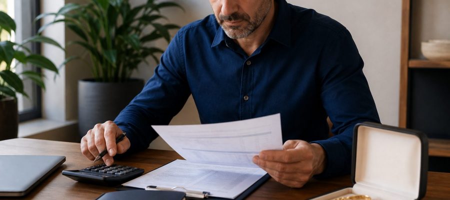 Autónomo revisando cuentas junto a un estuche con joyas