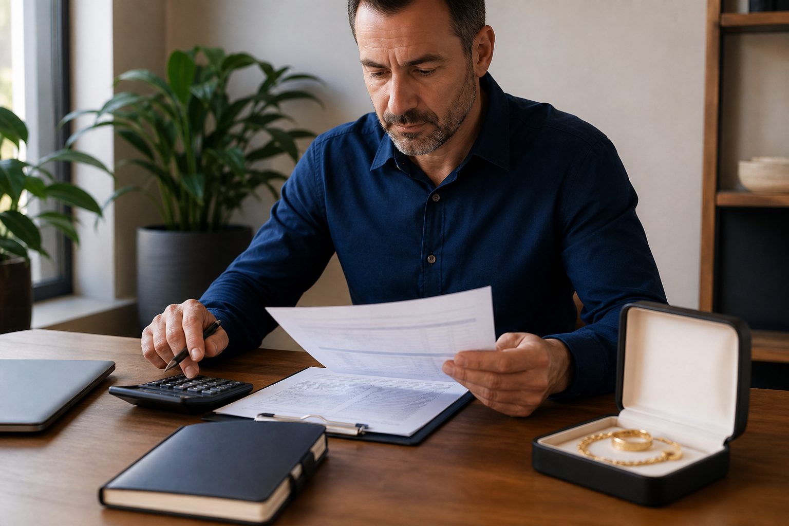 Autónomo revisando cuentas junto a un estuche con joyas