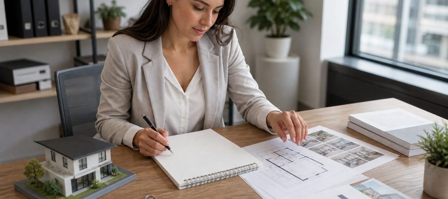 Agente inmobiliaria estudiando planos, llaves y documentación en una mesa de trabajo
