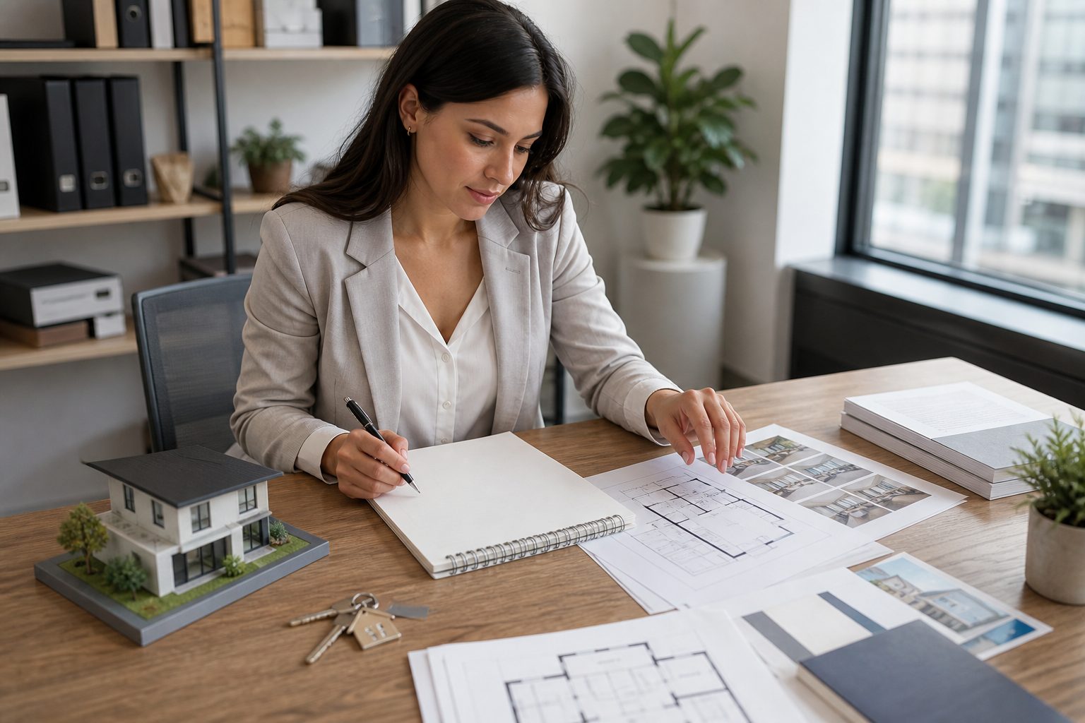 Aprendizaje del vocabulario inmobiliario profesional Agente inmobiliaria estudiando planos, llaves y documentación en una mesa de trabajo